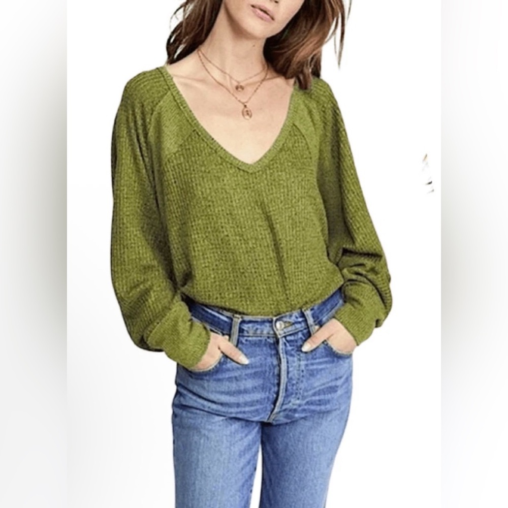 Free People Santa Clara Waffle Knit Thermal Top Ferngully Green Sz M NWT